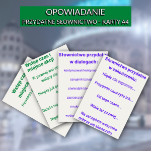 Opowiadanie twórcze – przydatne słownictwo – kolorowe karty A4